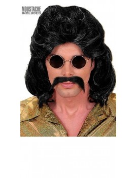 Black 70s Wig And Mousatche