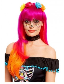 Day Of The Dead Wig Pink And Orange